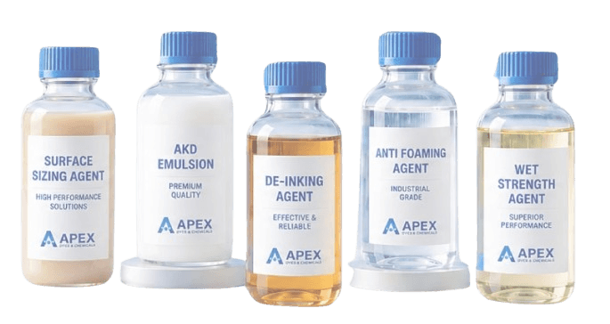 Apex process chemical bottles: surface sizing, AKD emulsion, deinking, anti-foaming, and wet strength agents