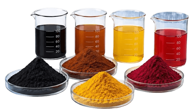 Apex direct and basic dye powders in beakers and dishes