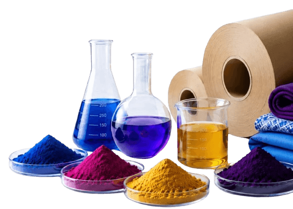 Apex dye powders, chemical solutions, paper reels, and dyed fabric